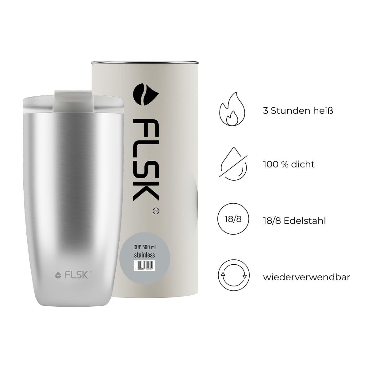 FLSK Tumbler I Taza de café premium de acero inoxidable, 100% a prueba de fugas y doble pared, la taza térmica mantiene las bebidas calientes durante 3 horas I Ganador del Premio de la Marca Alemán
