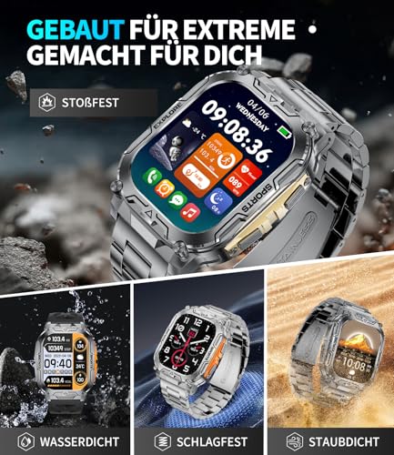 HIRREO 1000mAh Akku Smartwatch Herren,2,01" HD Militär Smart Watch mit Telefonfunktion,100+Sportmodi Fitnessuhr Tracker… – Ansicht 6