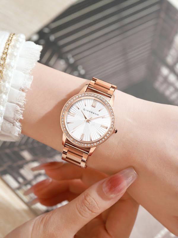 Image of Giordano Analog Watch for Women with Sunray Round Dial, Crystal Studded Bezel, Roman Numerals Markers, Quartz Movement and Rose Gold Stainless Steel Strap - GZ-60118