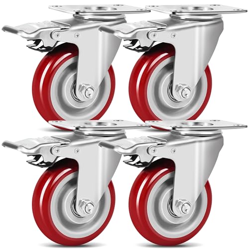 Lot de 4 Roulettes Pivotantes pour Meubles, Roulette Charge Lourde Avec Frein - 75 mm - 500 kg - Caoutchouc plein silencieux - Pour intérieur/extérieur