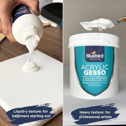 BLUEBIRD Studio Acrylic Gesso - Liquid Gesso Primer for Arylic Painting, Surface Prep Medium (White, 16.9 Fl Oz / 500 ML)