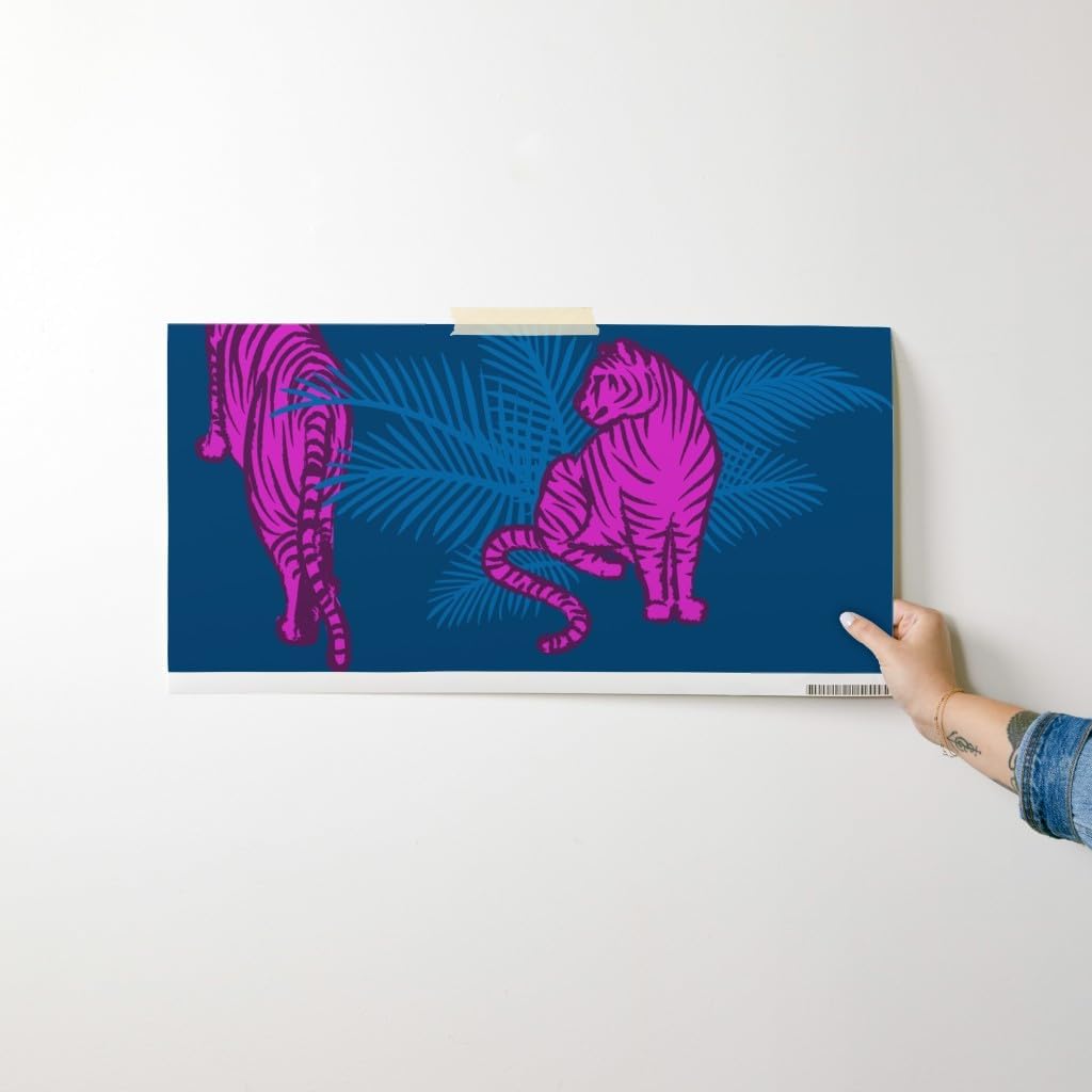 Peel & Stick Wallpaper Swatch - Maximalist Jungle Tigers Fuchsia Blue Bright Animal Print Big Cats Custom Removable Wallpaper by Spoonflower