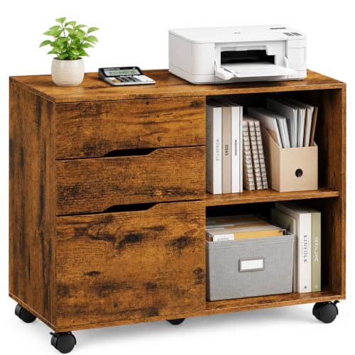 Image of Simple Deluxe 3 Drawer Rolling File Cabinet, Wood Printer Stand with Adjustable Shelf for Home Office Study Organizatiom, Brown