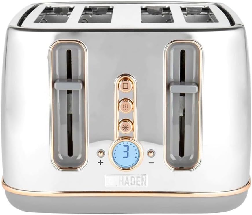 Dorchester 4 Slice Chrome Toaster – Modern LCD Display Digital 4 Slice Toaster - 6 Browning Levels - Cancel/Defrost/Reheat Settings - 1900-2300W
