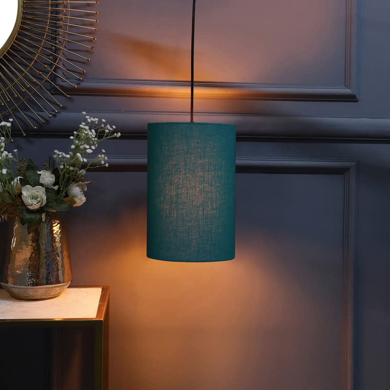 Image of Teal Color, Classic Pendant Cylinder Lamp Shade, Decorative Light Lamp, Hanging Spotlight with Fixture, 40Watts, Black Canopy -: Pack of 1 (6 * 9 Inches)