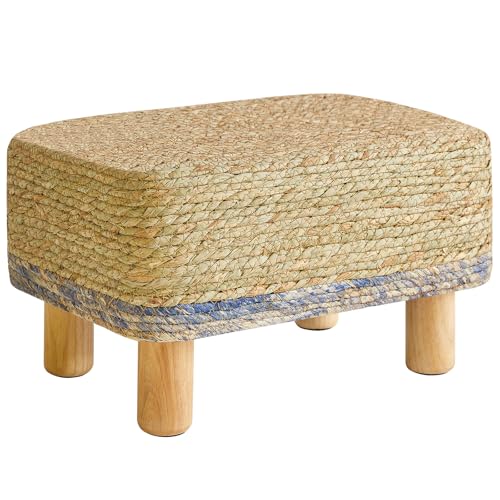 YMYNY 10.2'H Reposapies Salon Taburete Reposapiés Rectangular, Puf Escabel Reposapies de Seagrass Natural Tejido a tomana Mano, Mesa Auxiliar de Sofá para Salón Dormitorio, Azul HBD043Q
