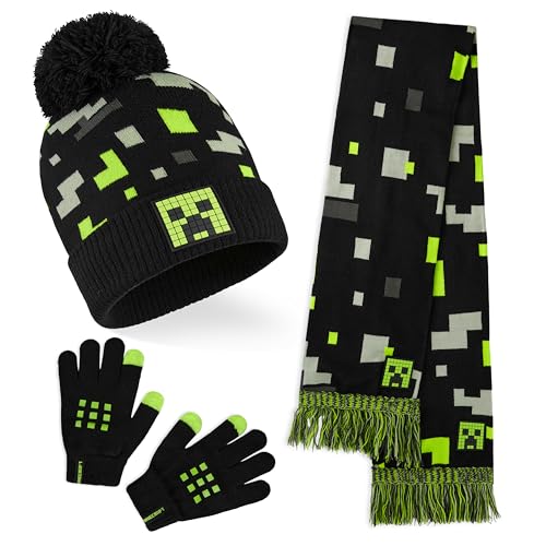 Minecraft Gorro Invierno Set de 2 o 3 Piezas, Gorro Pompón y Guantes con o sin Bufanda, Accesorios de Invierno, Regalos Niños (6-14 Años, Negro/Verde Minecraft, 3 Piezas)