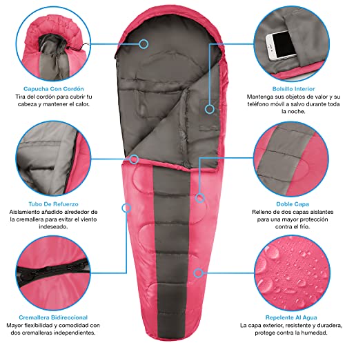 Miniatura 3 de Active Era Saco De Dormir 220 X 80 Cm Peso 300gr - Confort 10 C A 0 C. Resistente Al Agua, Relleno De Doble Capa, Cálido Con Capucha Y Cordón. Saco De Dormir Adulto - Rosa