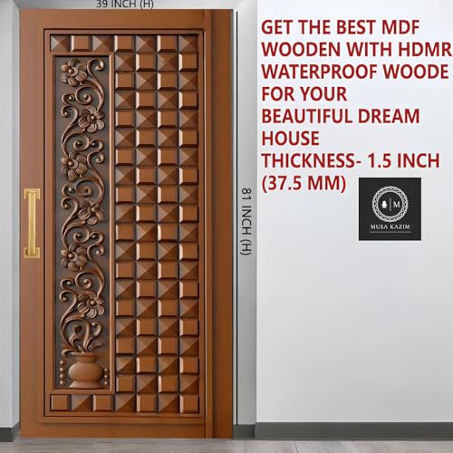 Image of MDF Wooden with HDMR Waterproof Wooden Made Fancy Gate for Your Home and Kitchen Front Door with Unique and Stylish Design Hand Carved Size 39x81 Inch Thickness 1.5 Inch Brown