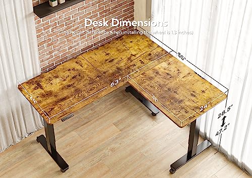 Claiks Triple Motor L Shaped Standing Desk, 63 X 55 Inch Corner Stand Up Desk, Adjustable Height Desk With Splice Board, Black Frame/Rustic Brown Top #TOP3