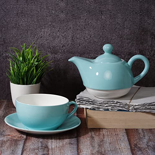 Image of Dandy Lines Tea for One Tea Set in Teal, Ceramic Tea Set, Pack of 4, Microwave & Dishwasher Safe, Great for Hosting & Gifting