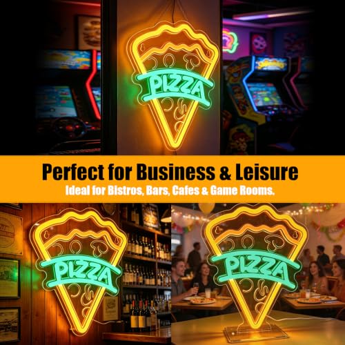 Image of Pizza Neon Sign, Type-C & USB Powered Neon Lights with Base Stand | Food Neon Signs for Kids Bedroom, Game Room, Kitchen, Desk & Wall Art, Aesthetic Room Decor Gift, Hooks Included