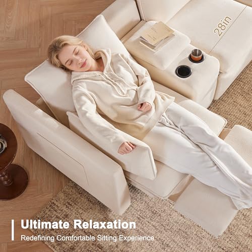 Image of 5-Seater Power Reclining Sectional Sofa Set with Storage Console, Wall-Hugger Recliner Sectional Couch with Cup Holders, Reclining Sectional Couch for Living Room (Chenille, Beige)