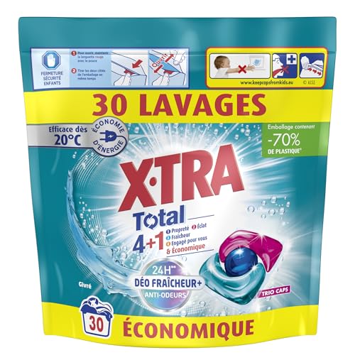 X-Tra Total - Lessive Capsules- Trio-Caps - 4+1 - Propreté - Eclat - Fraîcheur - Engagé pour vous - Economique - Parfum Givré - Déo Fraîcheur + - 24H Anti-Odeurs - Efficace des 20°C - 30 Lavages