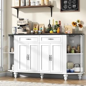 59″ Buffet Cabinet with Storage, Solid Wood Legs, Sideboard with Glass Doors, 2 Drawers & 2 Double Doors, Farmhouse Coffee Bar Cabinet with Adjustable Shelf for Living Room, Kitchen, Entryway (White)
