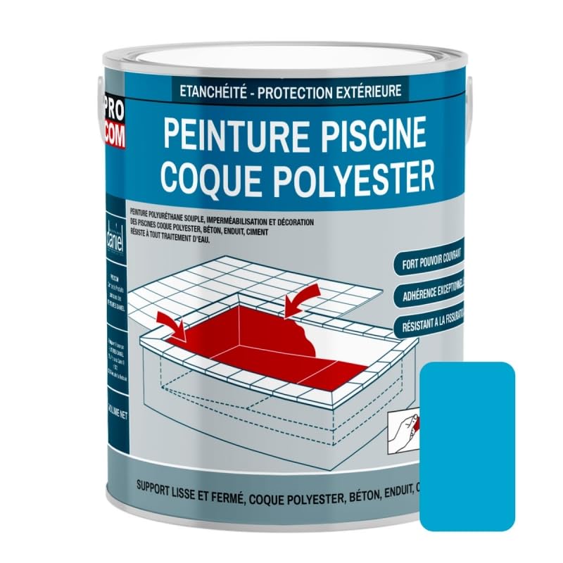 PRO COM Peinture piscine coque polyester et béton, peinture piscine polyuréthane étanche et...