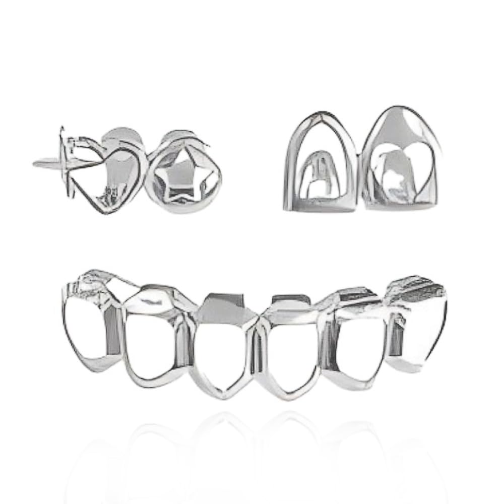 SSyang Hip-hop Teeth,1 Set Teeth Grills,Hip Hop Teeth Grills,Hollowed-out Argent Plated Tooth,Braces Top and Bottom Grill Cap Shiny Teeth,for Men's and Women's Parties,Proms,Halloween Role Plays