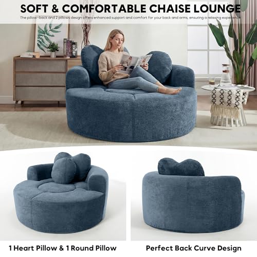 Image of Oversized Round Chair Lounge Chaise Indoor, 54.3 inch Upholstered Corduroy Deep Seat Single Cloud Sofa Chair with Heart-Shaped Pillow Modern Large Circle Boneless Couch for Living Room, Blue