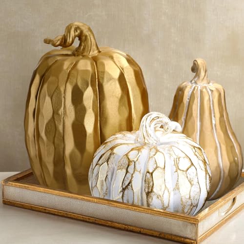 VioraWhite 3 Pack Fall Decor White and Gold Resin Figurine Thanksgiving Table Artificial Decorations for Autumn Harvest Indoor Home Farmhouse Kitchen(Pumpkin)