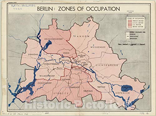 Historic Pictoric Map : Berlin 1945, Berlin : Zones of Occupation, Antique Vintage Reproduction : 24in x 18in