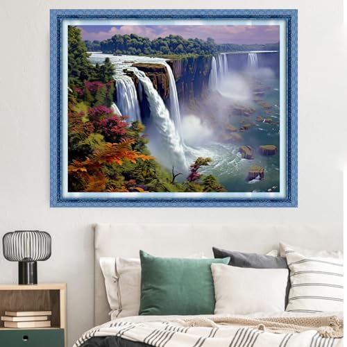 Image of Dimxvean Stamped Cross Stitch Kits,Cross Stitch Kits for Adults Beginners,Embroidery Kits Full Range of Cross Stitch Stamped Kits Needlepoint Kits Cross Stitch Patterns-Waterfall Scenery 16x20 inch
