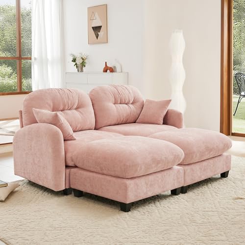 Image of KEIKI 74 inch Oversized Chenille Modular Sectional Loveseat Sofa with 2 Ottoman, High-Density Foam Cushions, Tufted Pleated Cushion Backrest, Modern 2-Seater Couch with 2 Pillow, for Living Room, Pink