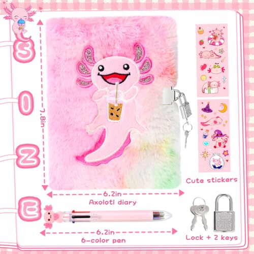 Image of Axolotl Diary For Girls With Lock And Keys, Girls Fuzzy Notebook Gift Set For Writing And Drawing
