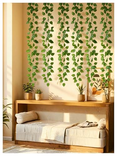 Image of Bombay Greens Artificial Money Plant Vine | Realistic Money Plant Creeper for Wall Hanging, Door, Balcony & Home Office Decor | Artificial Green Hanging Vines for Decoration & Festival - Set of 6