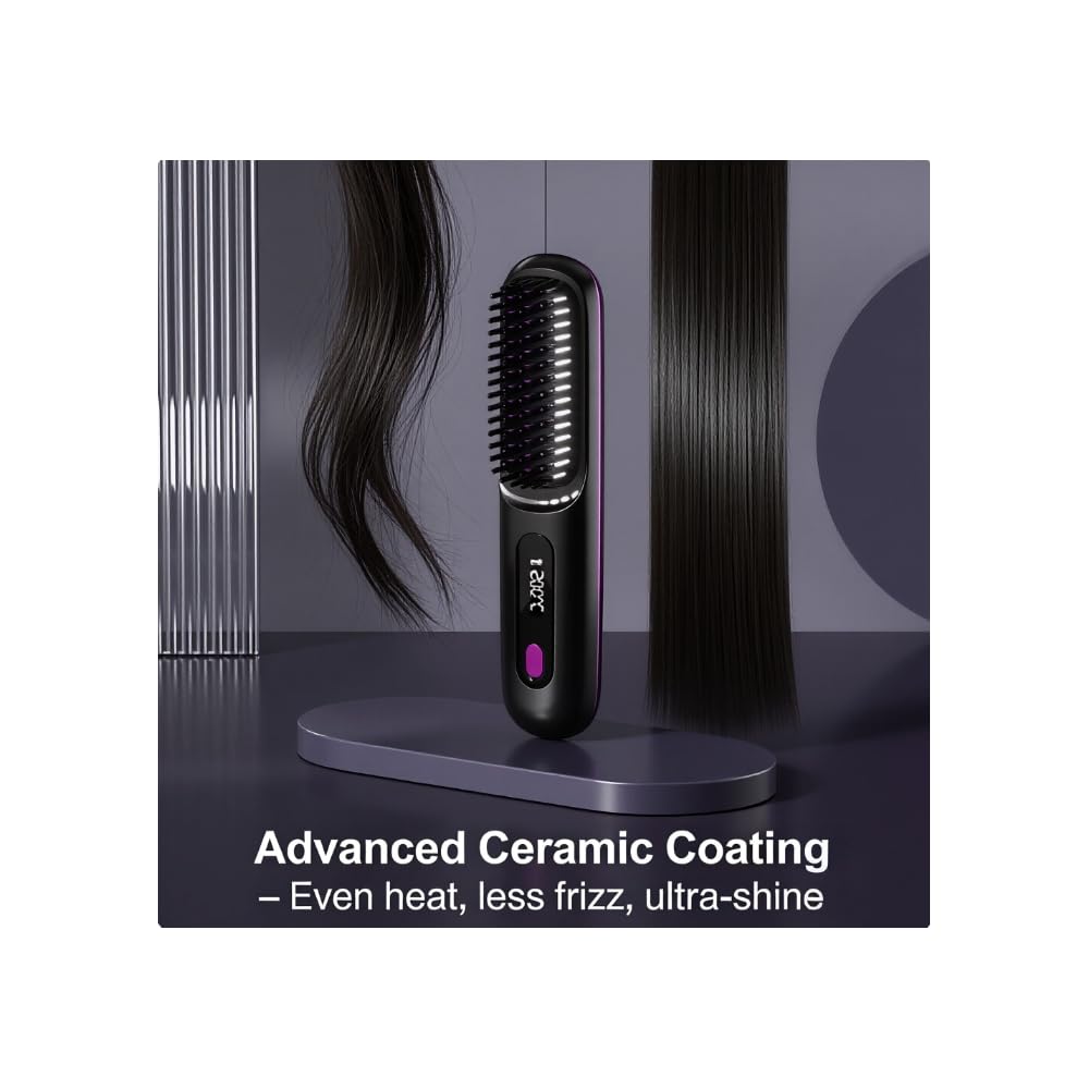 Spazzola piastra lisciante per capelli senza fili, 3-in-1 piastra elettrica con display LED e protezione in ceramica, ricaricabile USB, spazzola da viaggio portatile per capelli corti e lunghi 160-200