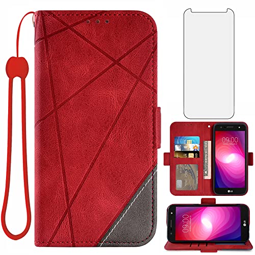 Asuwish Compatible with LG X Charge/Fiesta 2 LTE/X Power 2/X5/LV7 Wallet Case and Tempered Glass Screen Protector Flip Cover Card Holder Cell Phone Cases for LG-M322 XPower 3 SP320 M327 M322 Men Red
