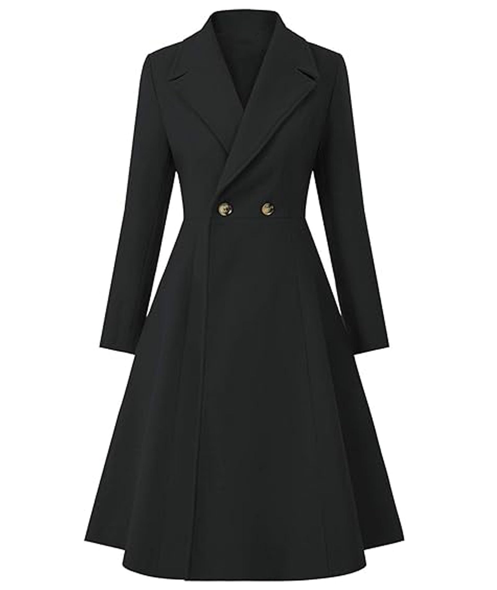 xxxiticat Femmes Long Laine Trench Manteau Hiver Chaud Encoche Revers Double Boutonnage Ligne A Plissé Robe Manteau Peacoat