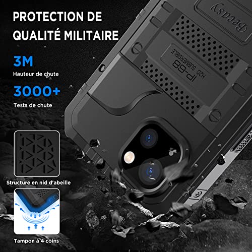 Beeasy Shockproof Case for iPhone 14 360 Full Protection Waterproof Military Style Case with Built in Screen Protector Rugged Metal Armor Dustproof Cover for iPhone 14 Black