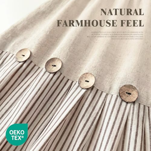 XOGUIBO Farmhouse Shower Curtain Linen Beige Button Woven Fabric Country Rustic Western, Pleated Brown Stripe 72\" W x 72\" L