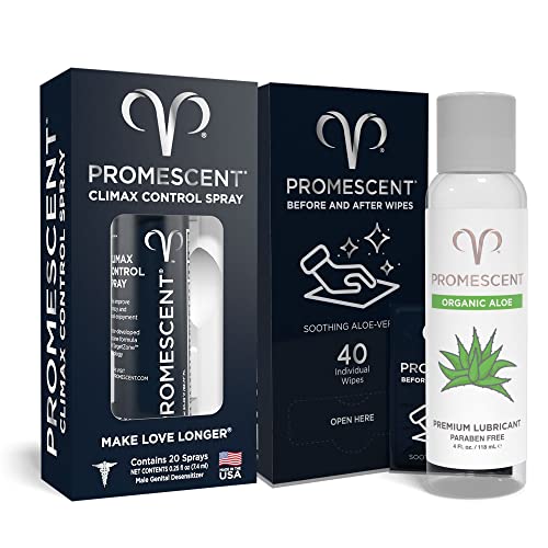 Promescent Delay Spray Sexual Enhancer for Men to Last Longer 2.6ml + Organic Aloe Lube for Sex with Natural Ingredients (4oz) + Flushable Wipes for Adults Infused with Aloe Vera - Couple Pack for Sex