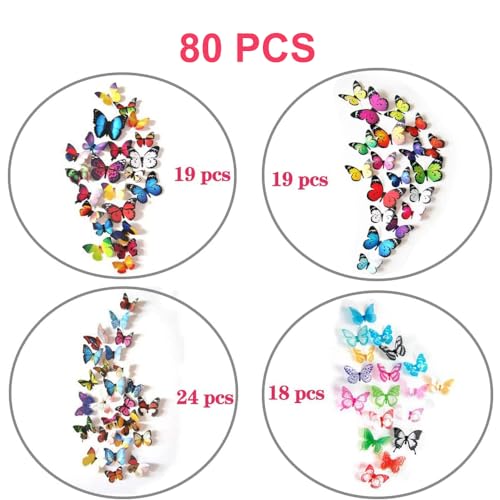 Tianorcan 80 Stück 3D Schmetterlinge Deko Schmetterling Wandaufkleber Dekoration Wandtattoo Abnehmbare Wandaufkleber Heimdeko Schlafzimmer Deko