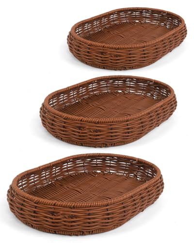 Woven Bread Basket, 3 Pack Wicker Fruit Baskets Rattan Bread Basket Poly Wicker Bread Baskets With Handles For Food Serving, Display, Vegetables, Home Kitchen, Restaurant, Outdoor (Oval set)