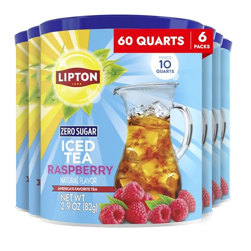 Lipton Zero Sugar Raspberry Iced Tea Mix 6-Pack - Instant Tea Powder Makes 60 Quarts Total, Sugar Free Black Tea with Natural Raspberry Flavor, Kosher Certified