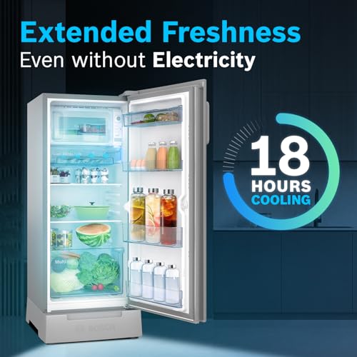Image of Bosch 207 L, 3 star, Direct-Cool Single Door Refrigerator | 18 Hrs Cooling Retention | 2.5X Faster Cooling | Spacious Multi Box | XL Dry Storage | SuperFreeze (2026 model, CST20S23VI, Fine Steel)