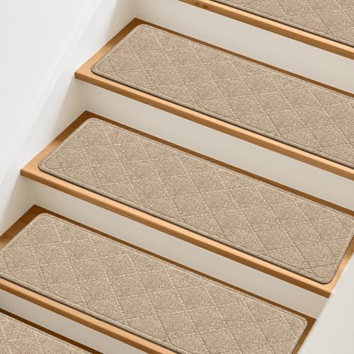 Image of TranquilMoments Stair Treads Non-Slip for Wooden Steps, 15Pack - 8" x 30" Edging Stair Runner Indoor for Kids Elders & Pets, Washable Carpet Stair Treads with Peel & Stick Reusable TPE Backing, Beige