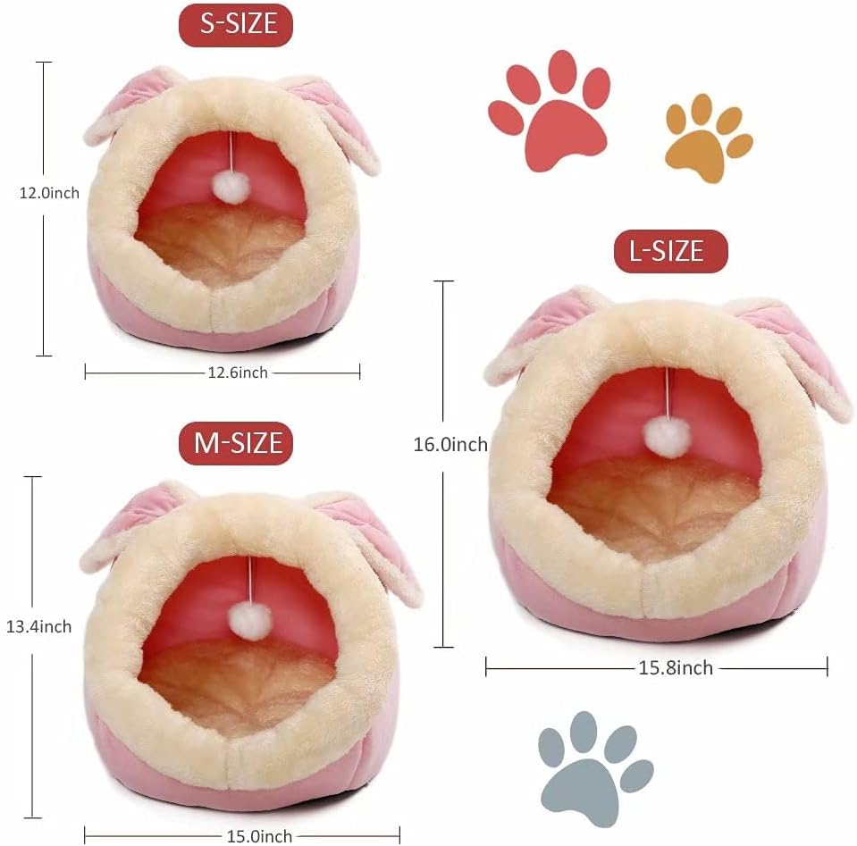 Cat Beds for Indoor Cats - Small Dog Bed with Anti-Slip Bottom, Rabbit-Shaped Cat/Small Dog Cave with Hanging Toy, Puppy Bed with Removable Cotton Pad, Super Soft Calming Pet Sofa Bed (Pink Medium)