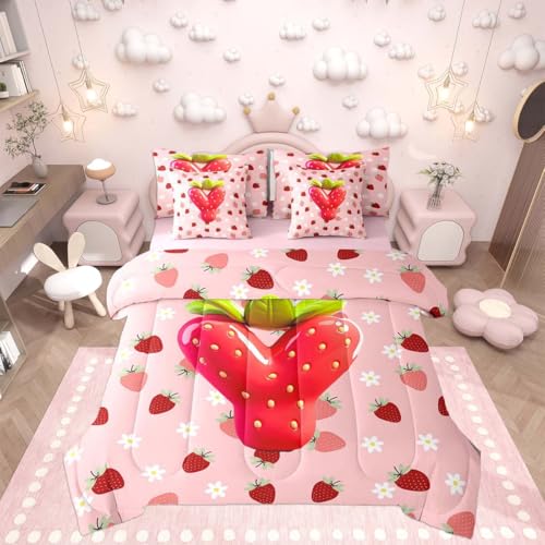 Image of Feelyou Girls Strawberry Comforter Set with Sheets 7 Piece Full Size Pink Strawberry Bedding Set for Kids Boys Girls Initial Letter Y Bed in a Bag Room Decor Soft Lightweight Microfiber