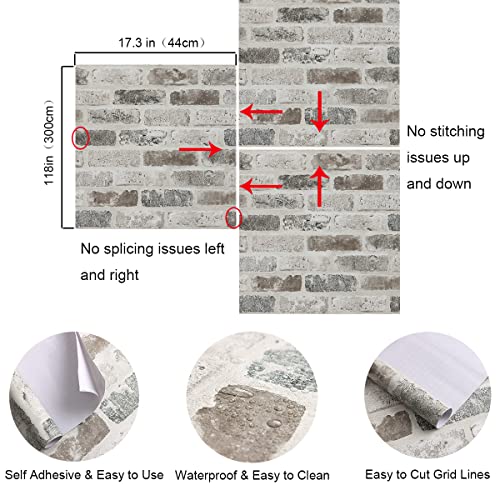 Guvana Brick Wallpaper Brick Peel And Stick Wallpaper Grey Brown 3D Brick Self Adhesive Wallpaper 17.3"×118" Removable Contact Paper Brick Textured Vintage Wallpaper Decorative Wall Classroom Covering #TOP5