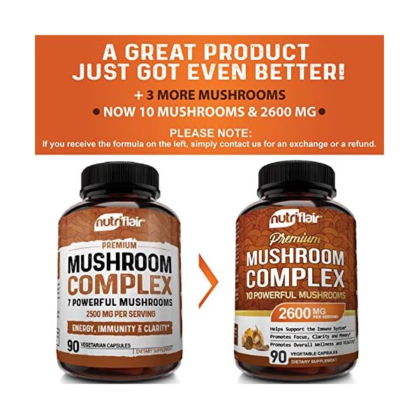 NutriFlair-Mushroom-Supplement-2600mg-90-Capsules-10-Mushrooms-Reishi-Lions-Mane-Cordyceps-Chaga-Turkey-Tail-Maitake-Shiitake-Nootropic-Complex-Brain-Energy-Focus NutriFlair Mushroom Supplement 2600mg, 90 Capsules - 10 Mushrooms Blend - Reishi, Lions Mane, Cordyceps, Chaga, Turkey Tail, Maitake, Shiitake, Oyster Nootropic Complex - Brain, Energy, Focus Pills