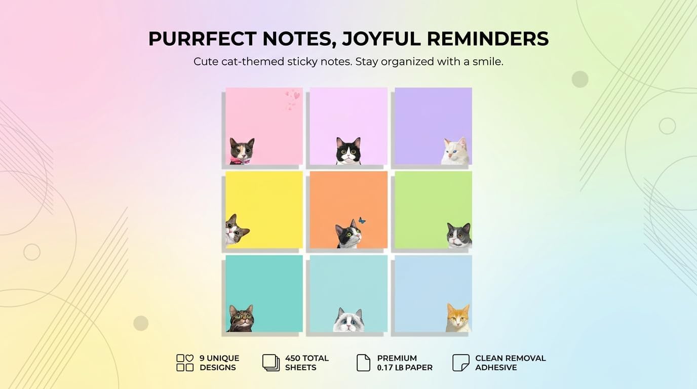 9 Pads Cute Cat Sticky Notes 3X3 Funny Post it Notes Notepads image 5
