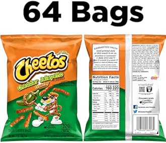 Cheetos Cheese Flavored Snacks, Cheddar Jalapeno Crunchy, 2 Ounce (Pack of 64)