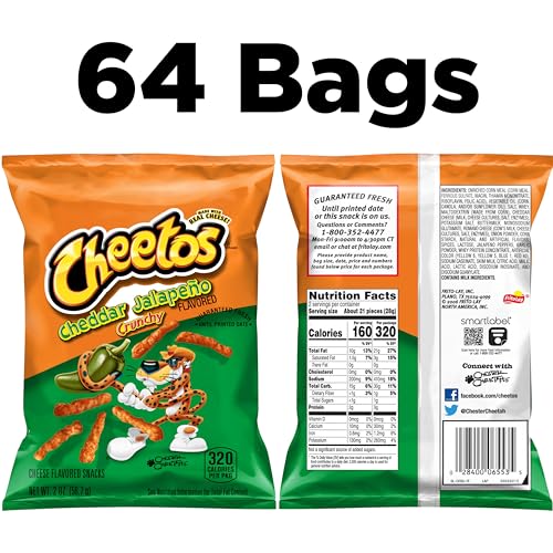 Cheetos Cheese Flavored Snacks, Cheddar Jalapeno Crunchy, 2 Ounce (Pack of 64)