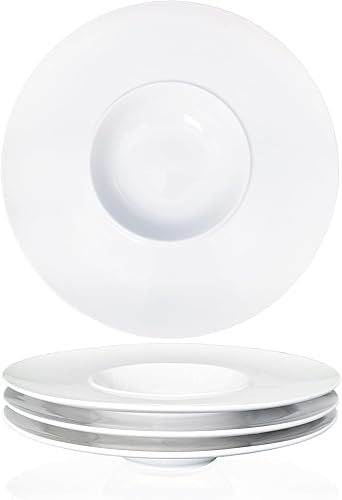 Tazones de sopa, plato de sopa, cuencos para pasta de 8.5 onzas, juego de 4, platos blancos poco profundos, cuencos de porcelana con borde, el mejor