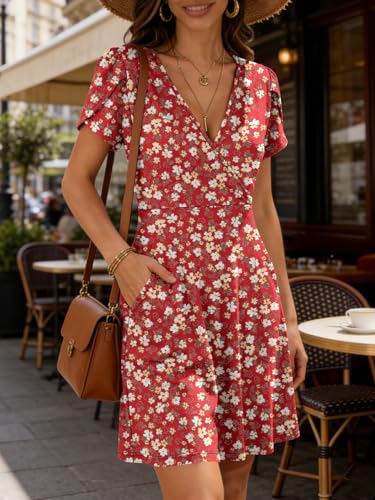 Image of ANRABESS Womens Summer Dresses Short Sleeve Wrap Deep V Neck A-Line Floral Dress Causal Flowy Boho Beach Vacation Sundress