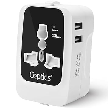 Ceptics International Travel Adapter, Universal Charger, 2X 2.4A USB-A with 15W Output, Universal Socket for Global use, CE & RoHS Certified Black/White