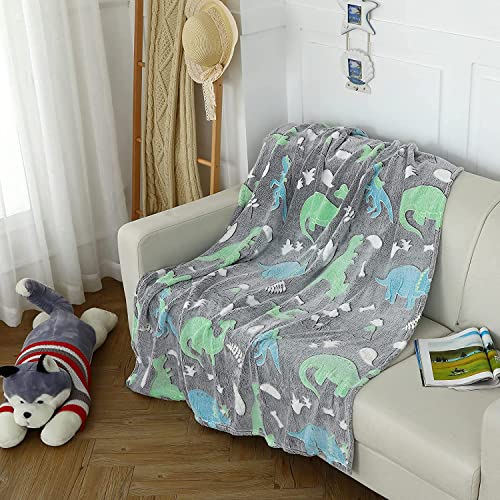 Image of Glow in The Dark Blanket Gifts for Toddler Kids Teen Girls| 80 x 70 inch / 200cm x 180cm |Bedroom Decor, Lightweight Throw Blankets|Soft Cozy Fluffy Luminous Throw Blanket - Grey Dino